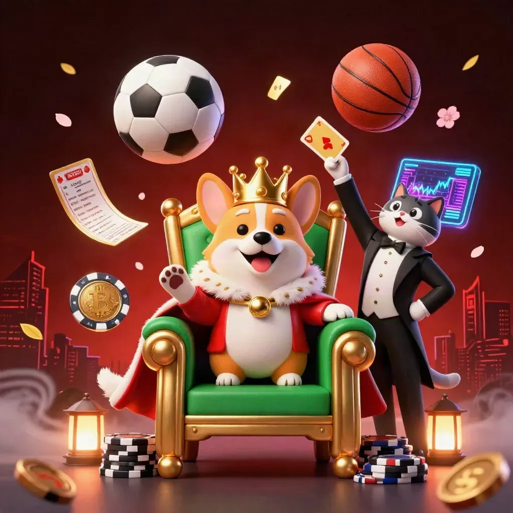 Royal corgi and cat butler amid flying coins, balls, fog, and neon casino light.