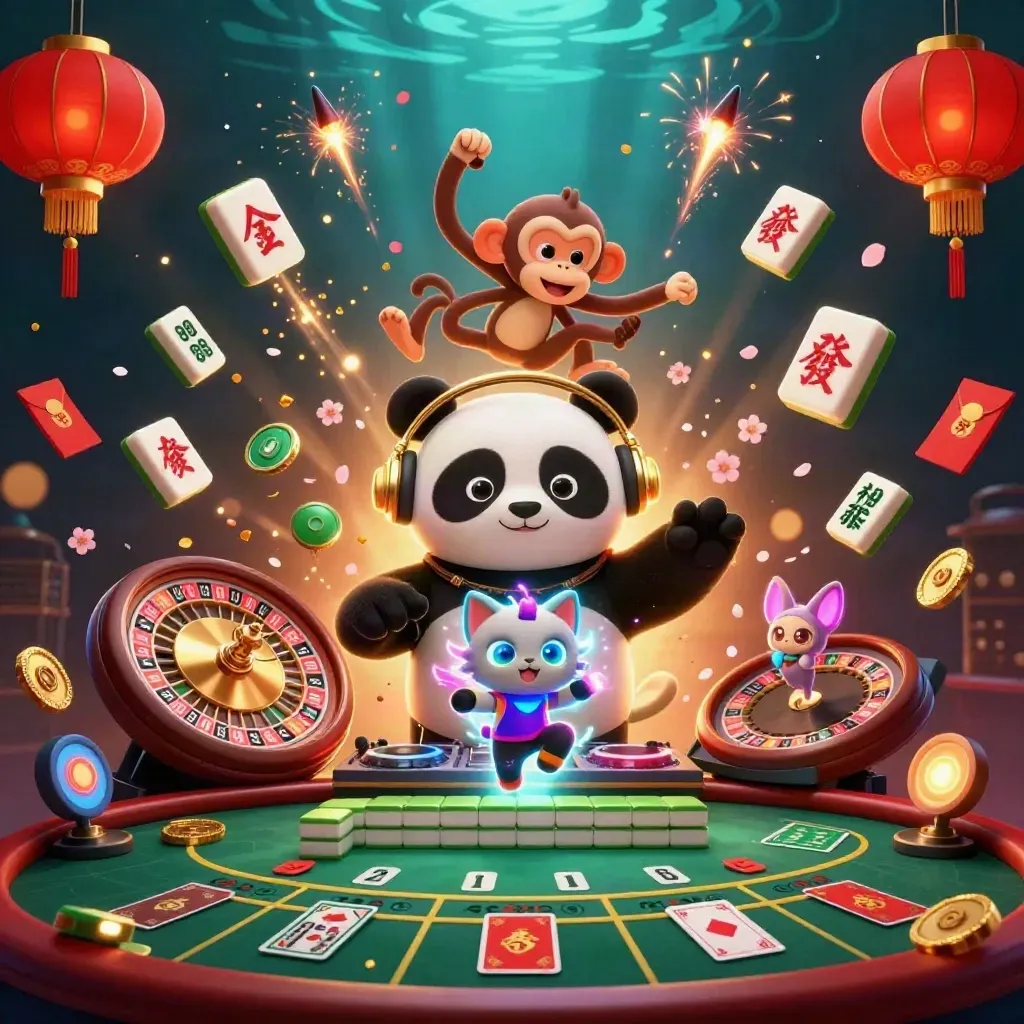 DJ panda, breakdancing monkey, and neon kitten in a luxe casino explosion