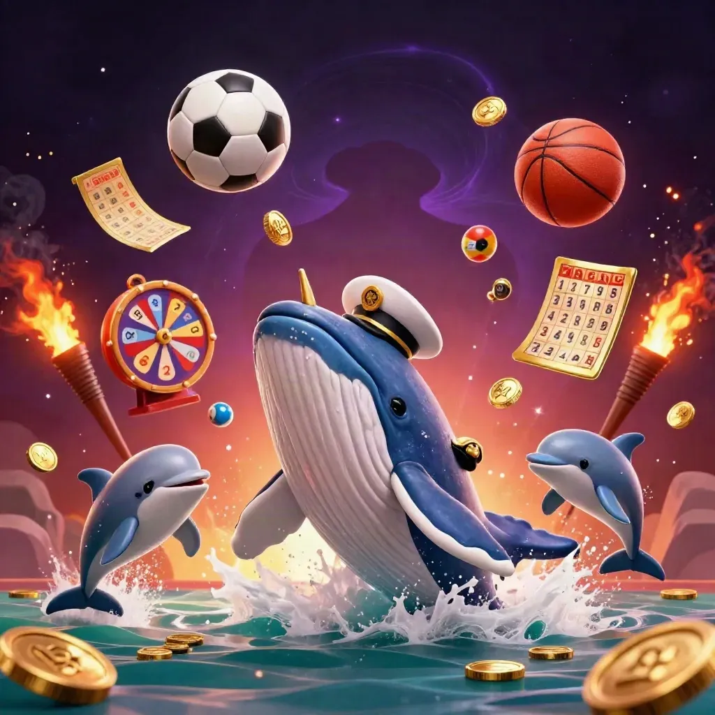 Fantasy casino sports splash: whale captain, narwhal, dolphins, balls, coins and golden lights.