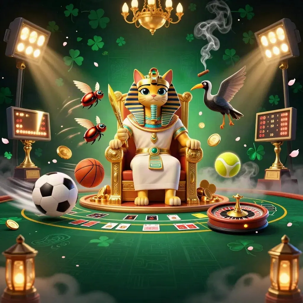 Pharaoh cat, ibis scribe and gem-wing scarabs amid casino lights, sports balls, roulette wheel, and gold.