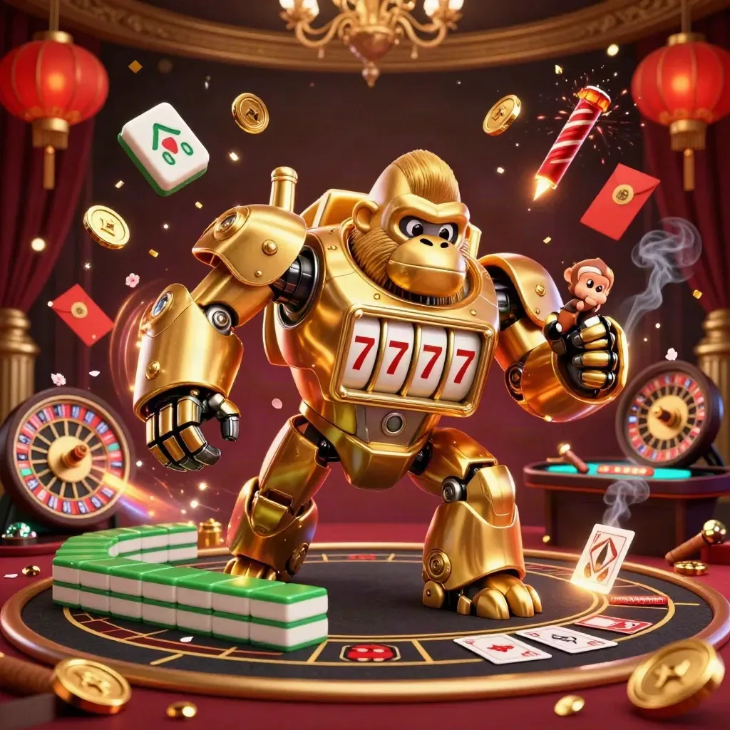 Golden gorilla mech with tiny monkey pilot in a luxe casino room, confetti, roulette glow, and smoke