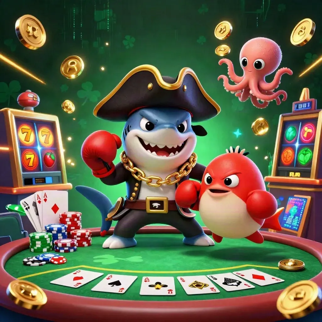 Pirate shark, boxing pufferfish, and coin-juggling octopus amid casino chaos.