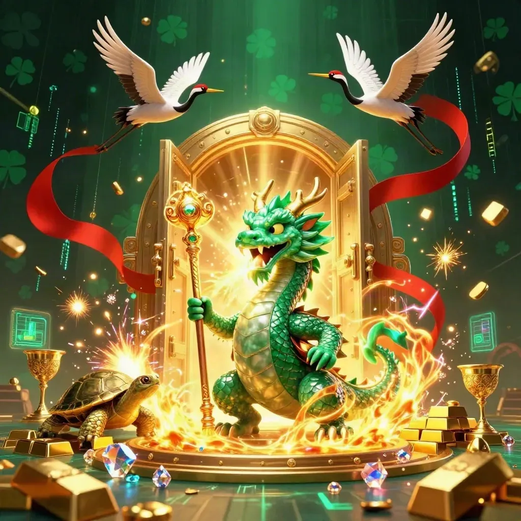 Emerald dragon, turtle sage and cranes burst from a golden vault amid gems and casino glow.