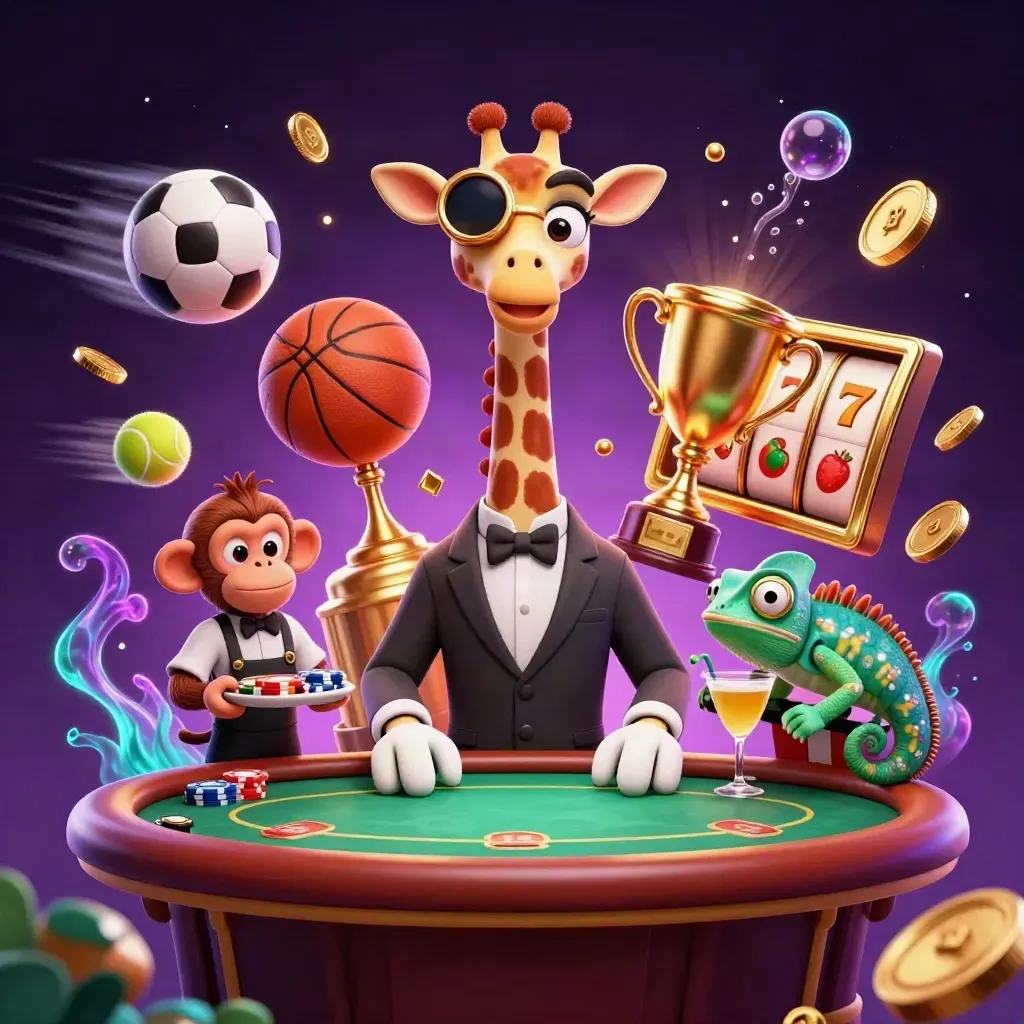 Giraffe, monkey valet, and chameleon bartender at a glowing VIP poker table with coins and gems.