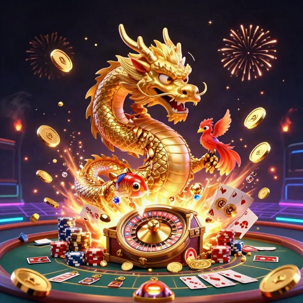 Golden dragon, phoenix, koi, roulette wheel, coins, chips, and fireworks in a luxe casino burst.