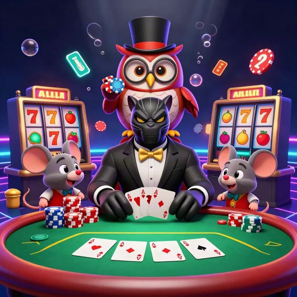 Panther, owl, and mouse in a luxe casino collage with chips, cards, reels, and neon glow.