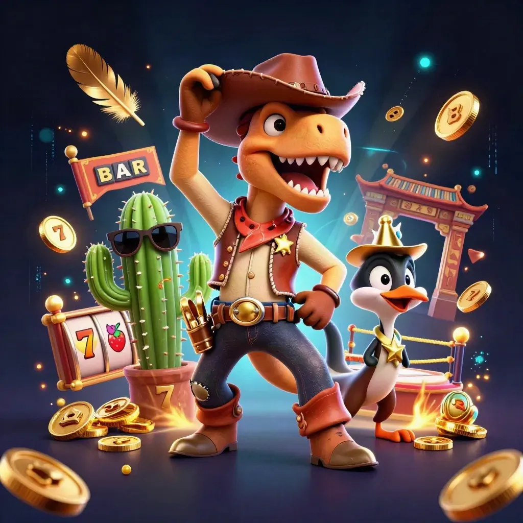 3D cowboy T-Rex, cactus sidekick, and roadrunner amid casino sparks and jackpot symbols